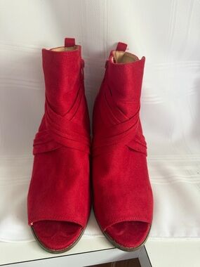 Red Suede Peep-Toe Ankle Boots - Women